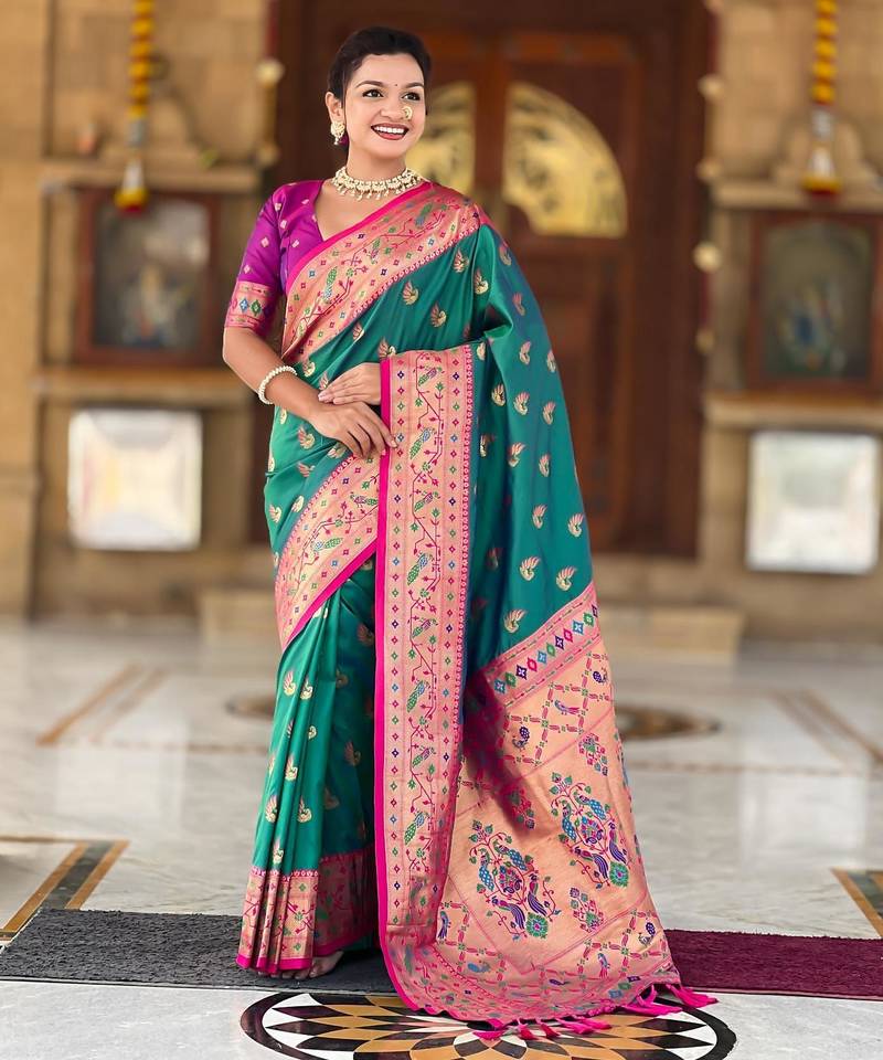 Rama green elegant art silk woven saree with rich zari border