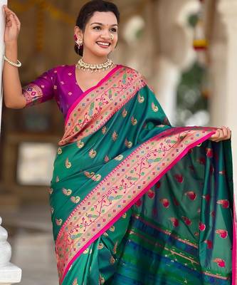 Rama green elegant art silk woven saree with rich zari border 3