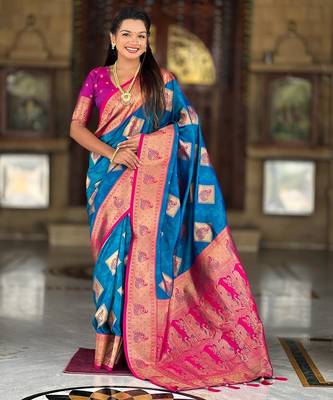 blue elegant art silk woven saree with rich zari border 1