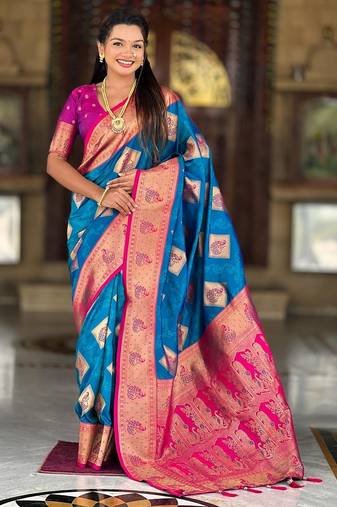 blue elegant art silk woven saree with rich zari border