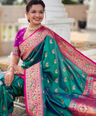 Rama green elegant art silk woven saree with rich zari border 5