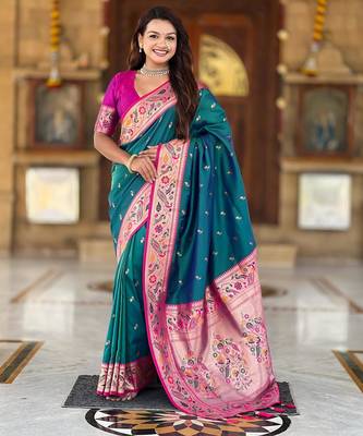 Rama green elegant art silk woven saree with rich zari border 1
