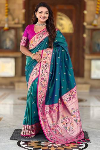 Rama green elegant art silk woven saree with rich zari border