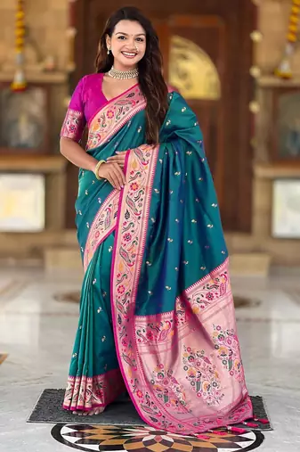 Rama green elegant art silk woven saree with rich zari border