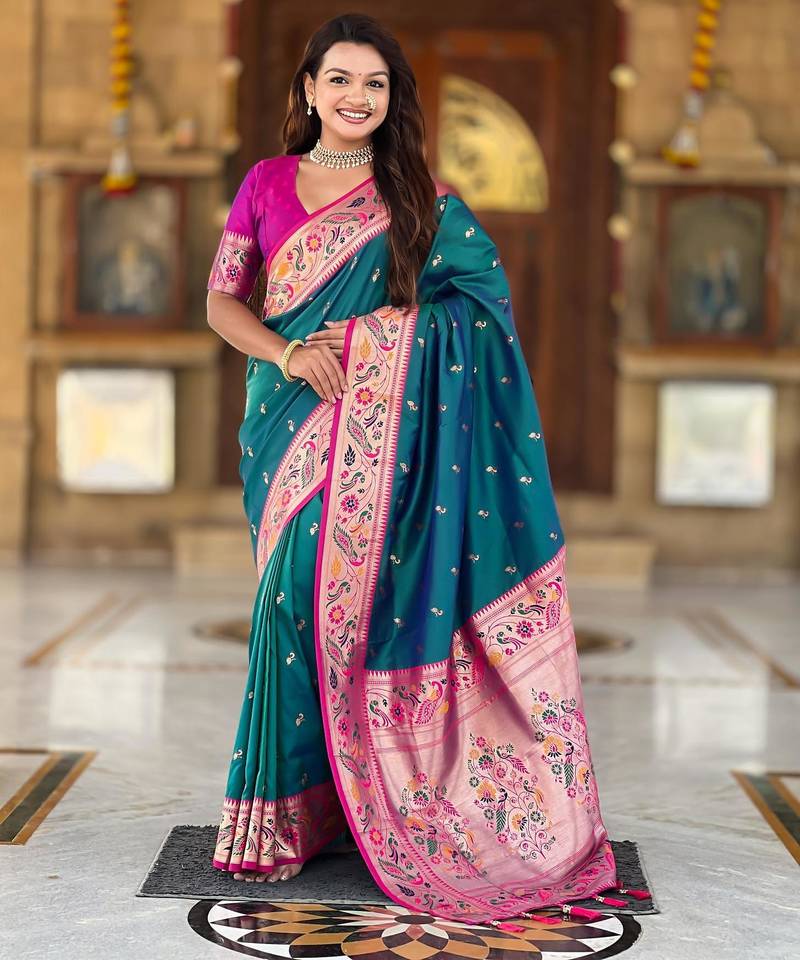 Rama green elegant art silk woven saree with rich zari border