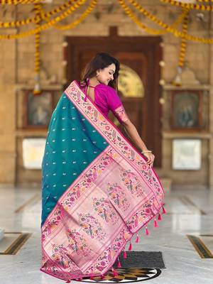 Rama green elegant art silk woven saree with rich zari border 2