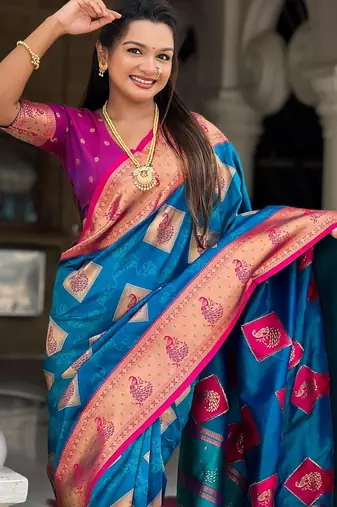 blue elegant art silk woven saree with rich zari border