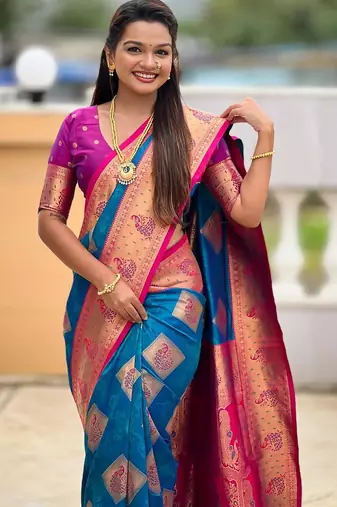 blue elegant art silk woven saree with rich zari border