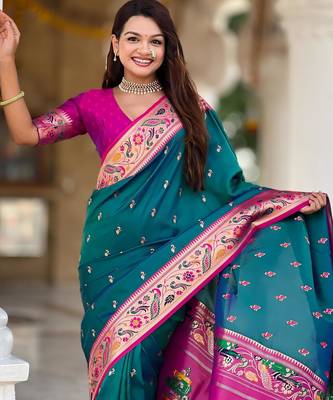 Rama green elegant art silk woven saree with rich zari border 3