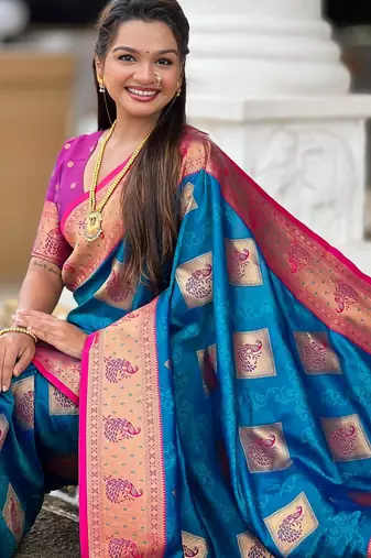 blue elegant art silk woven saree with rich zari border