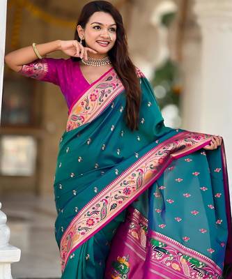 Rama green elegant art silk woven saree with rich zari border 4