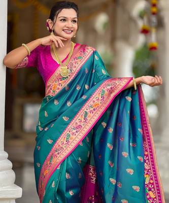 Rama green elegant art silk woven saree with rich zari border 3