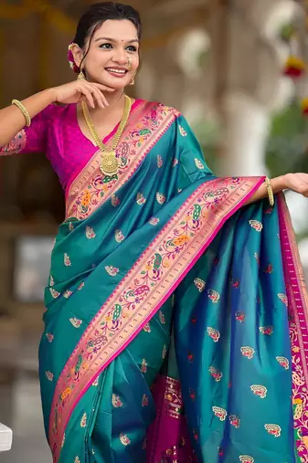 Rama green elegant art silk woven saree with rich zari border
