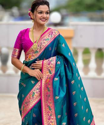 Rama green elegant art silk woven saree with rich zari border 4