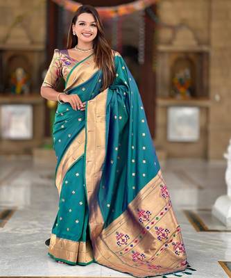 Rama green elegant art silk woven saree with rich zari border 1