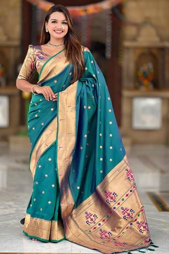 Rama green elegant art silk woven saree with rich zari border