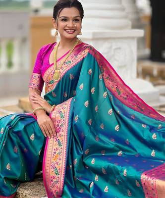 Rama green elegant art silk woven saree with rich zari border 5