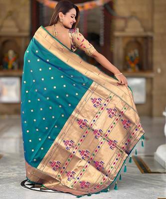 Rama green elegant art silk woven saree with rich zari border 2