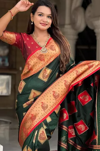 Green elegant art silk woven saree with rich zari border