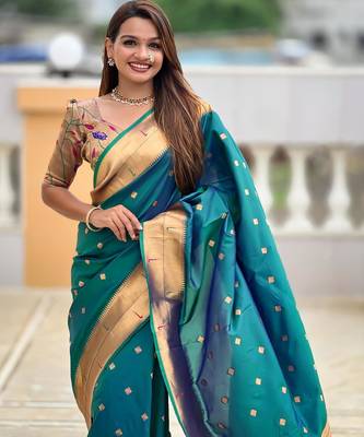 Rama green elegant art silk woven saree with rich zari border 4