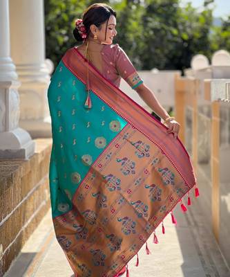 Rama green elegant art silk woven saree with rich zari border 2