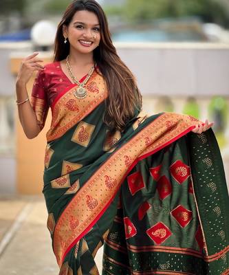 Green elegant art silk woven saree with rich zari border 4
