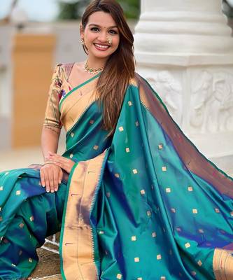 Rama green elegant art silk woven saree with rich zari border 5
