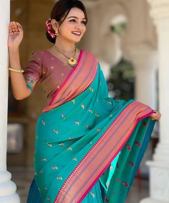 Rama green elegant art silk woven saree with rich zari border 3