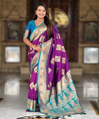 violet elegant art silk woven saree with rich zari border 1