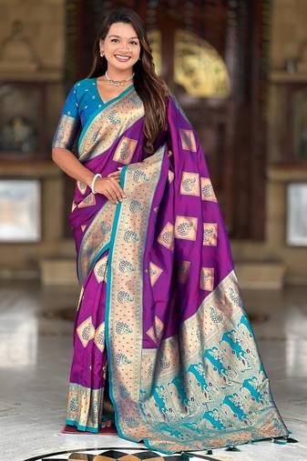 violet elegant art silk woven saree with rich zari border