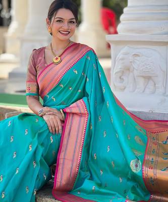 Rama green elegant art silk woven saree with rich zari border 5