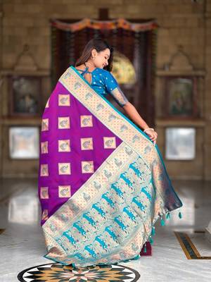 violet elegant art silk woven saree with rich zari border 2