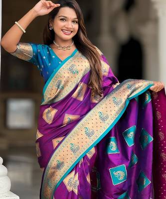 violet elegant art silk woven saree with rich zari border 3