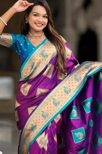 violet elegant art silk woven saree with rich zari border
