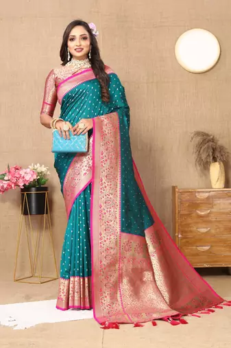 Rama green elegant art silk woven saree with rich zari border