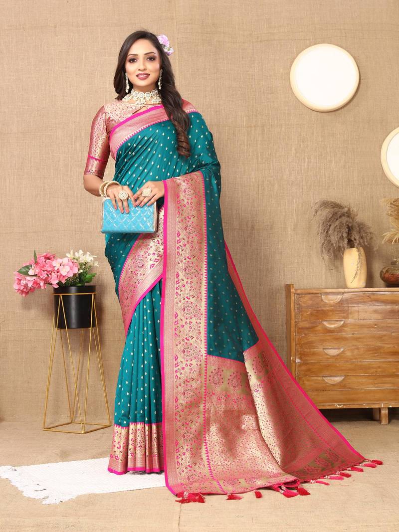 Rama green elegant art silk woven saree with rich zari border