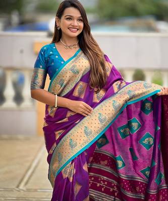 violet elegant art silk woven saree with rich zari border 4