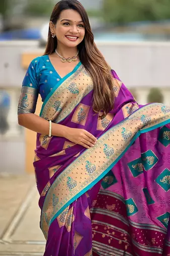 violet elegant art silk woven saree with rich zari border