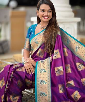 violet elegant art silk woven saree with rich zari border 5