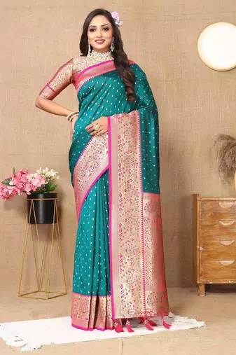 Rama green elegant art silk woven saree with rich zari border