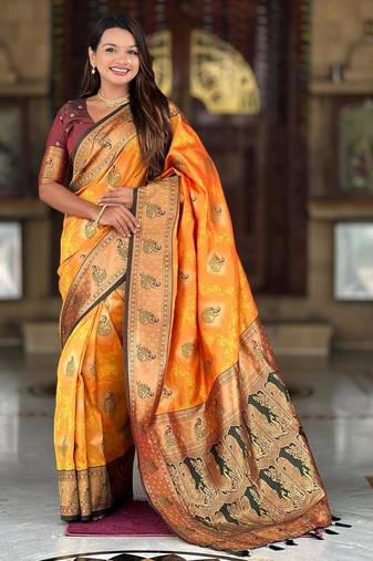Mustard elegant art silk woven saree with rich zari border