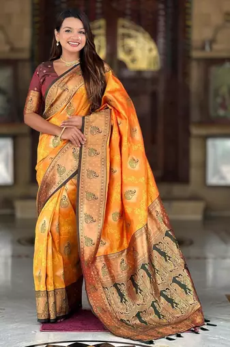 Mustard elegant art silk woven saree with rich zari border