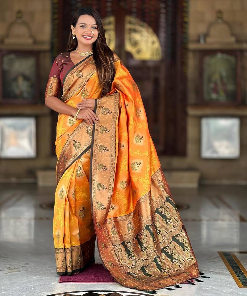 Mustard elegant art silk woven saree with rich zari border