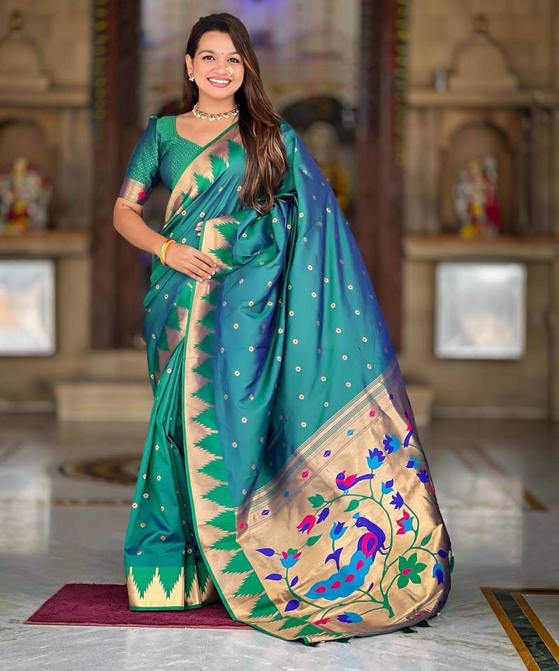 Rama green elegant art silk woven saree with rich zari border