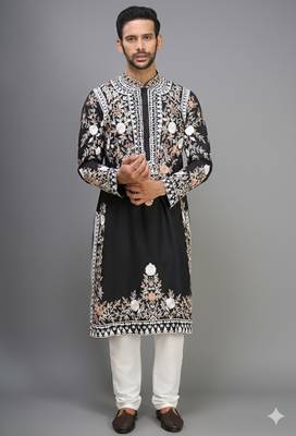black embroidered silk kurta pant set for men 1