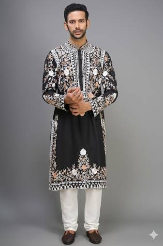 black embroidered silk kurta pant set for men