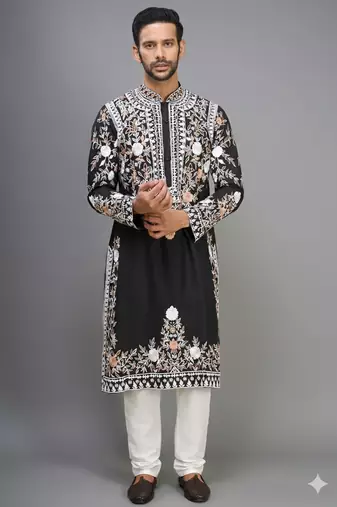 black embroidered silk kurta pant set for men