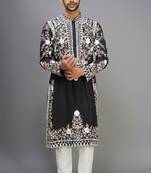 black embroidered silk kurta pant set for men