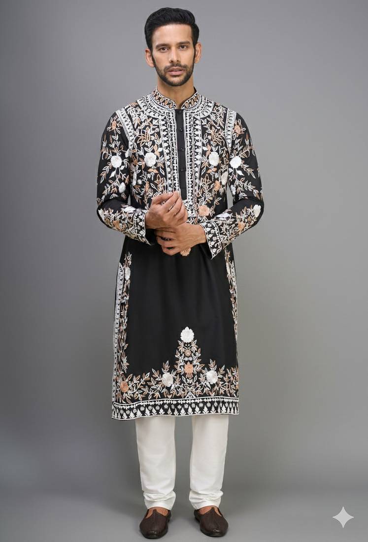 black embroidered silk kurta pant set for men