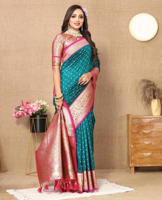 Rama green elegant art silk woven saree with rich zari border 4